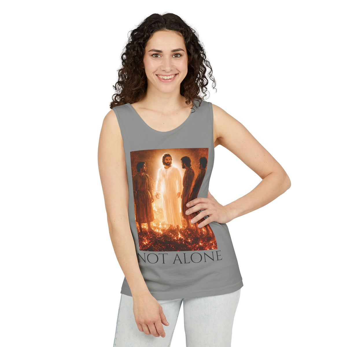 'Not Alone' Tank Top — Jesus with Four Men, Daniel 3:25 Scripture Tank