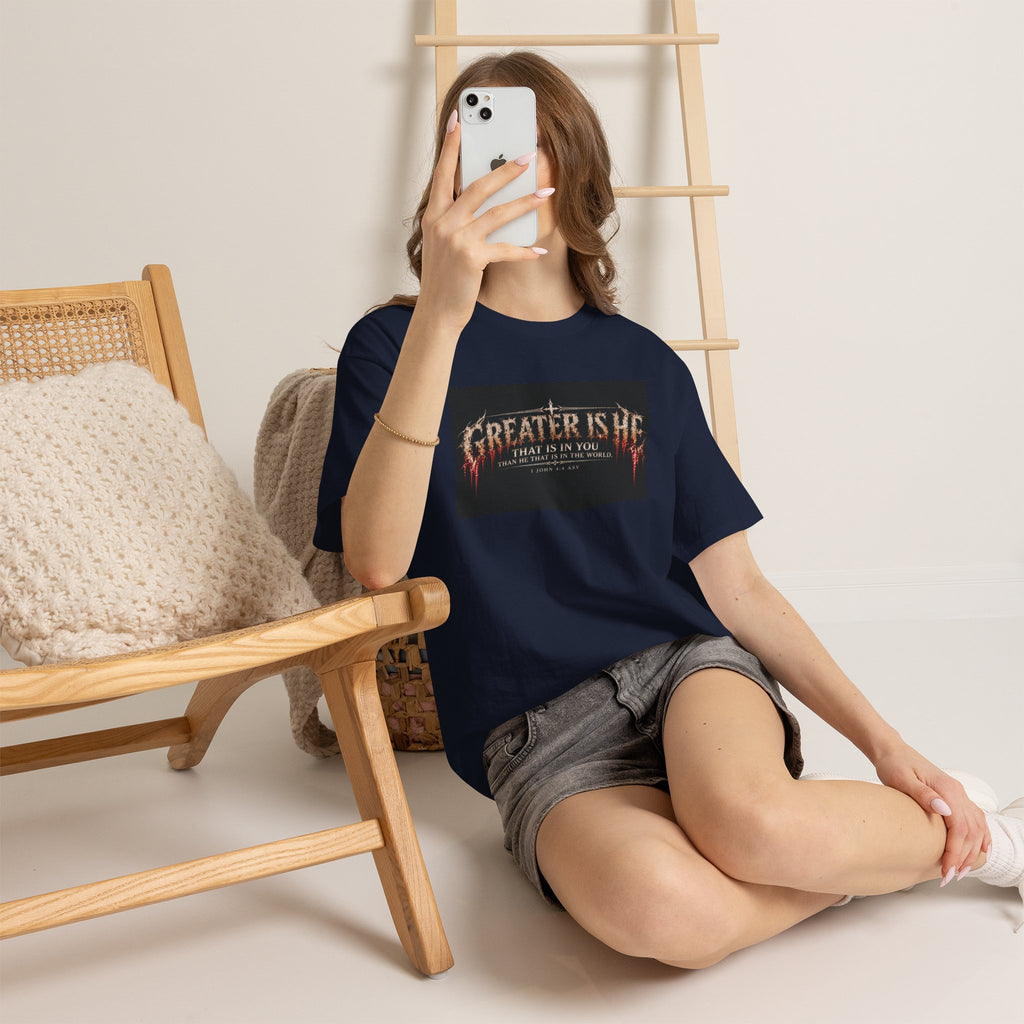 "Greater Is He" October Holliday line Edition Cross Faith Christian Graphic Tee - T-Shirt