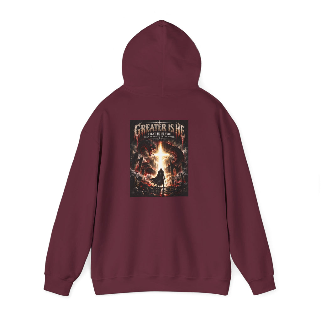 “Greater Is He” Holiday October Edition Christian Hoodie with Flame Cross Design