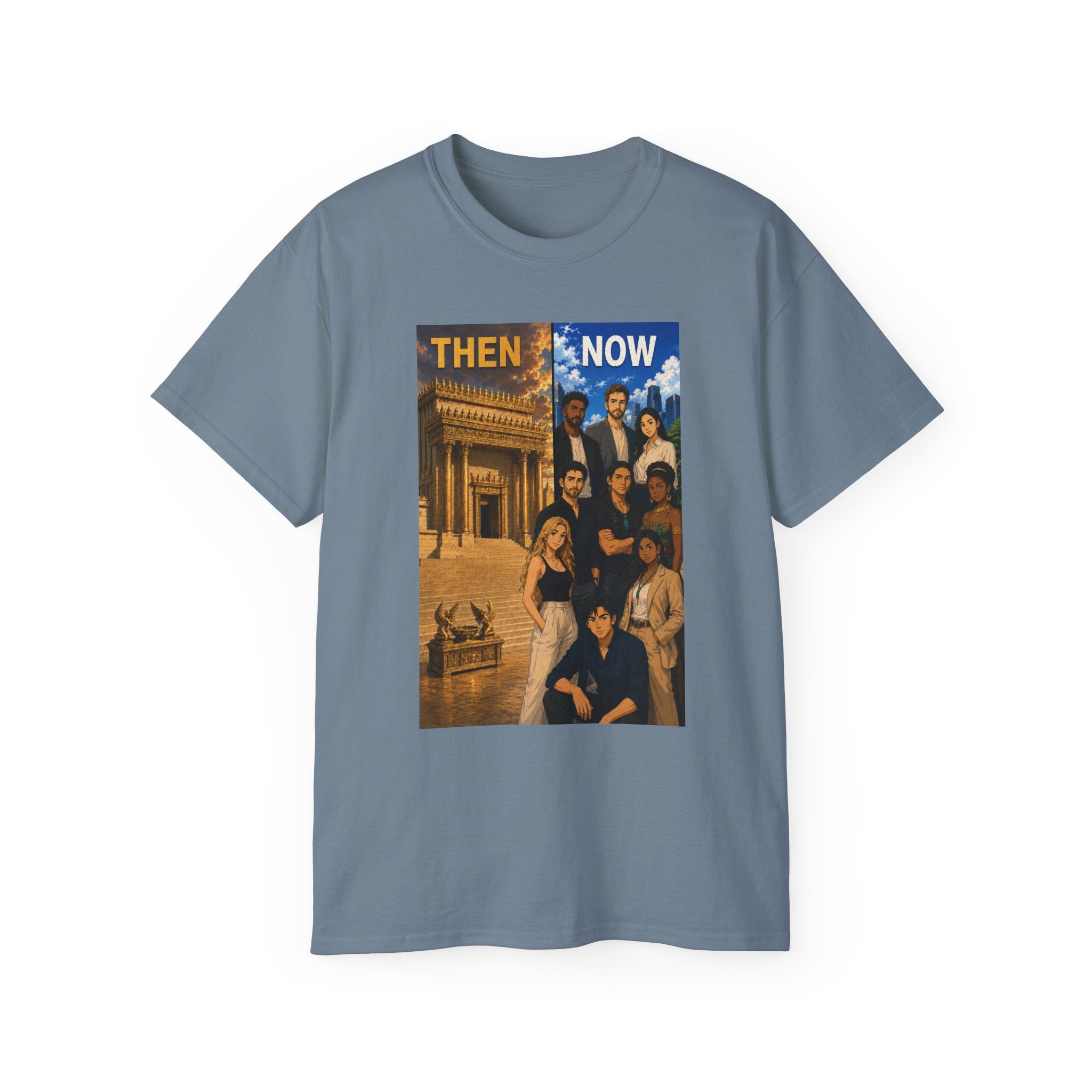 Then & Now non-animated Christian Graphic Tee — 2 Corinthians 6:16 Bible Verse Shirt