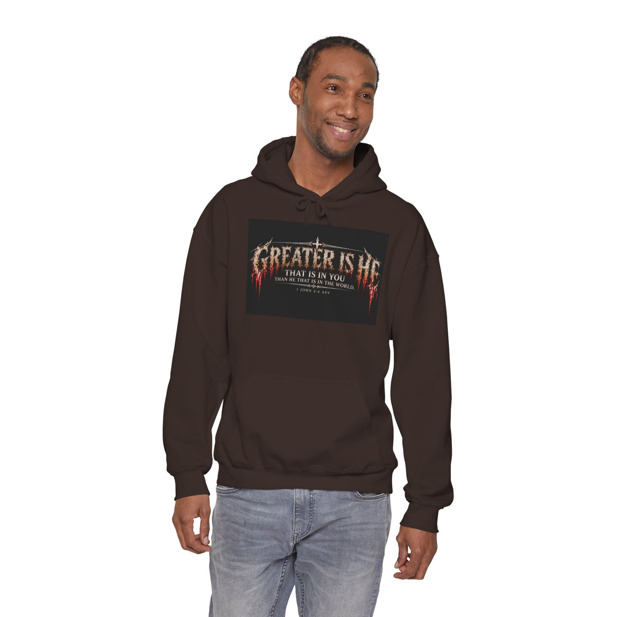 “Greater Is He” Holiday October Edition Christian Hoodie with Flame Cross Design