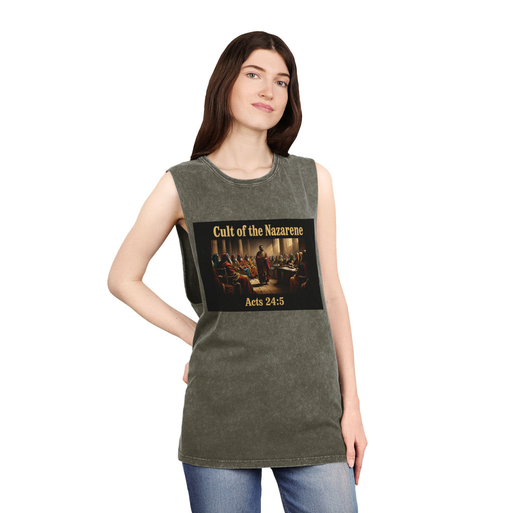 Cult of the Nazarene Tank Top – Vintage Stonewash Christian Scripture (Acts 24:5 / Matthew 5:11)