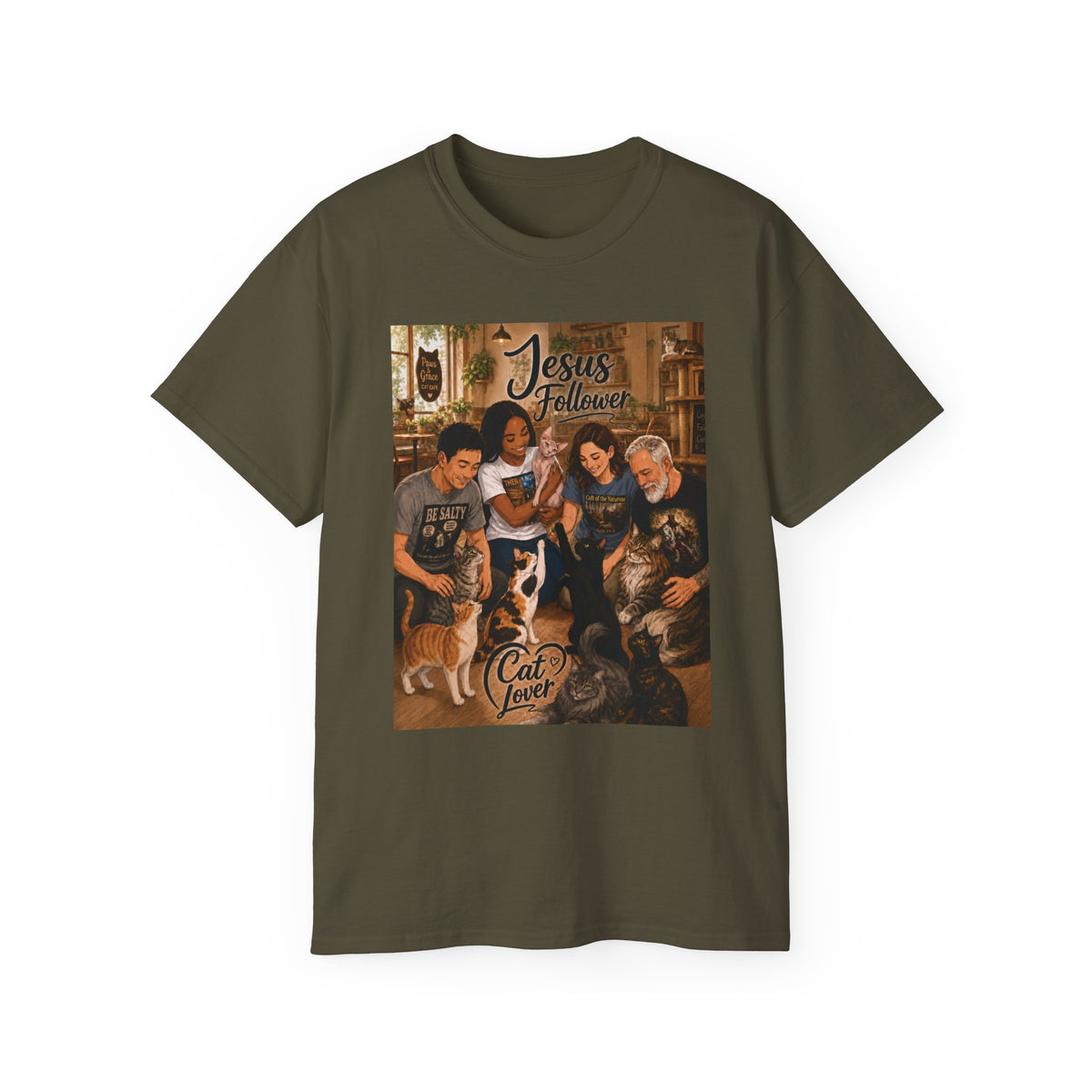 Jesus Follower Cat Lover T-Shirt — Proverbs 12:10 cat cafe Faith Tee