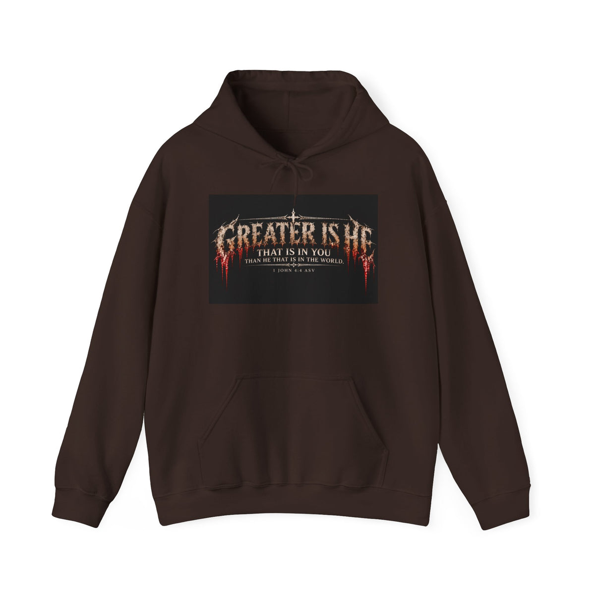 “Greater Is He” Holiday October Edition Christian Hoodie with Flame Cross Design