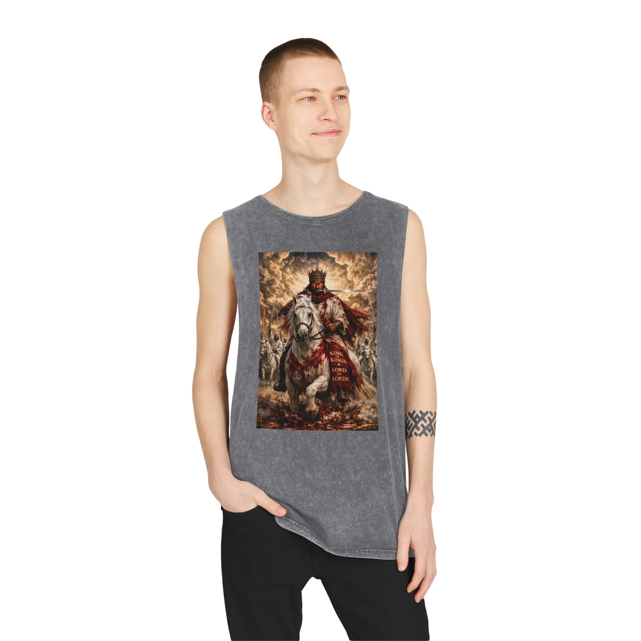 Jesus Is Lord Tank Top — King on White Horse Religious Stonewash Muscle Tee