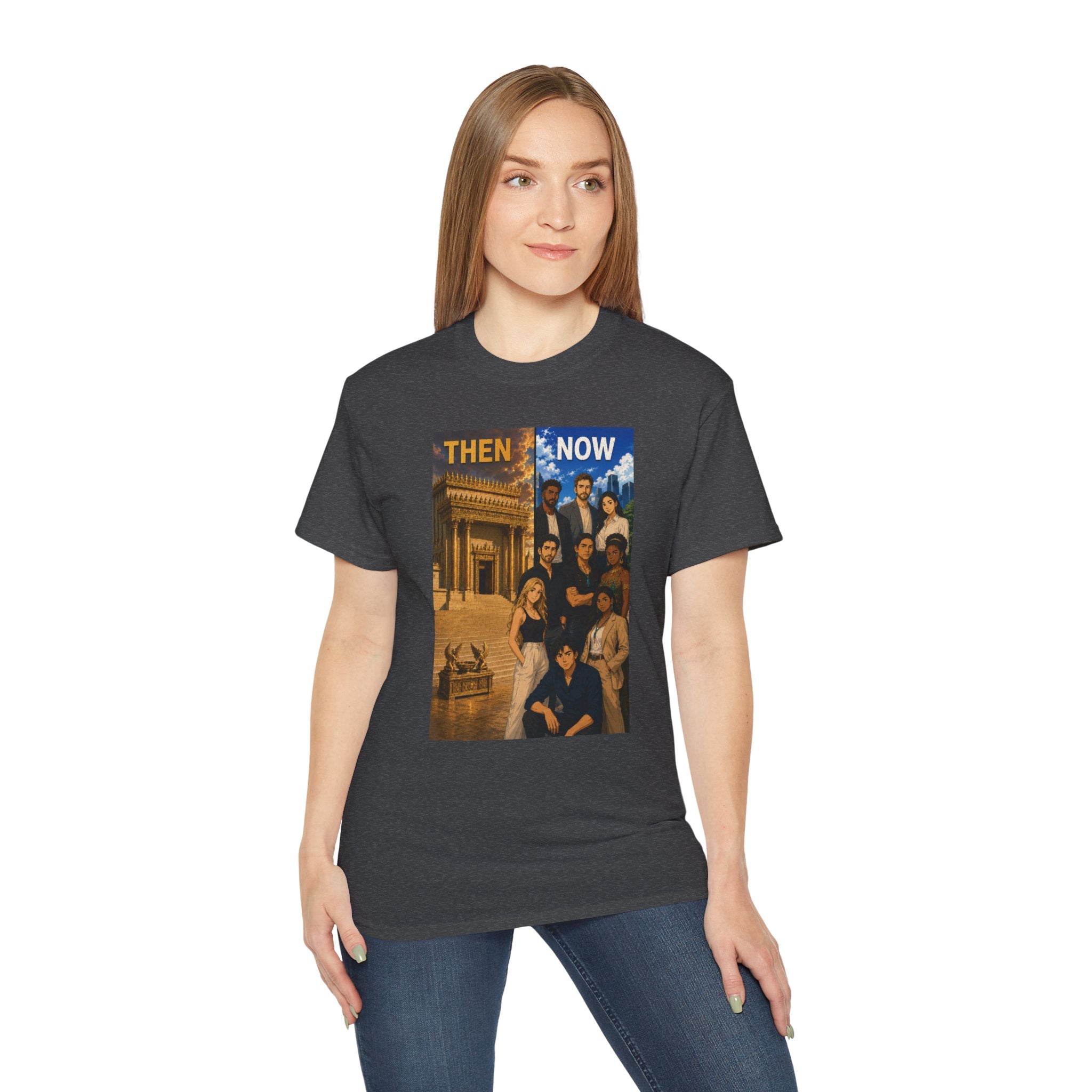 Then & Now non-animated Christian Graphic Tee — 2 Corinthians 6:16 Bible Verse Shirt