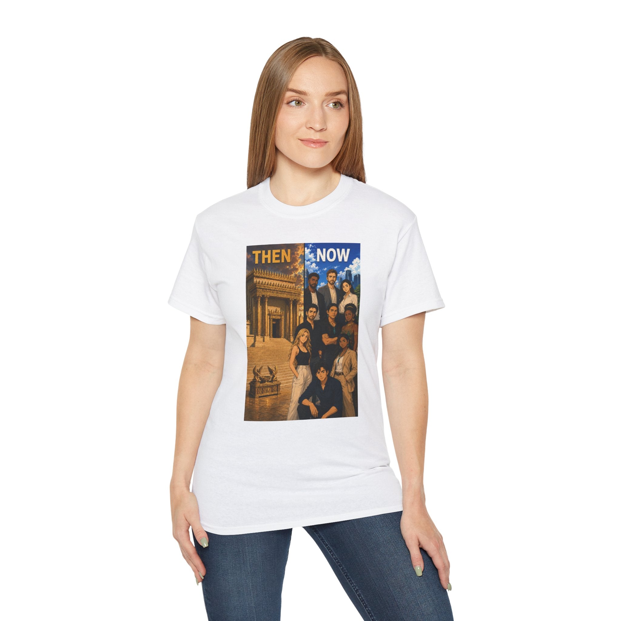 Then & Now non-animated Christian Graphic Tee — 2 Corinthians 6:16 Bible Verse Shirt