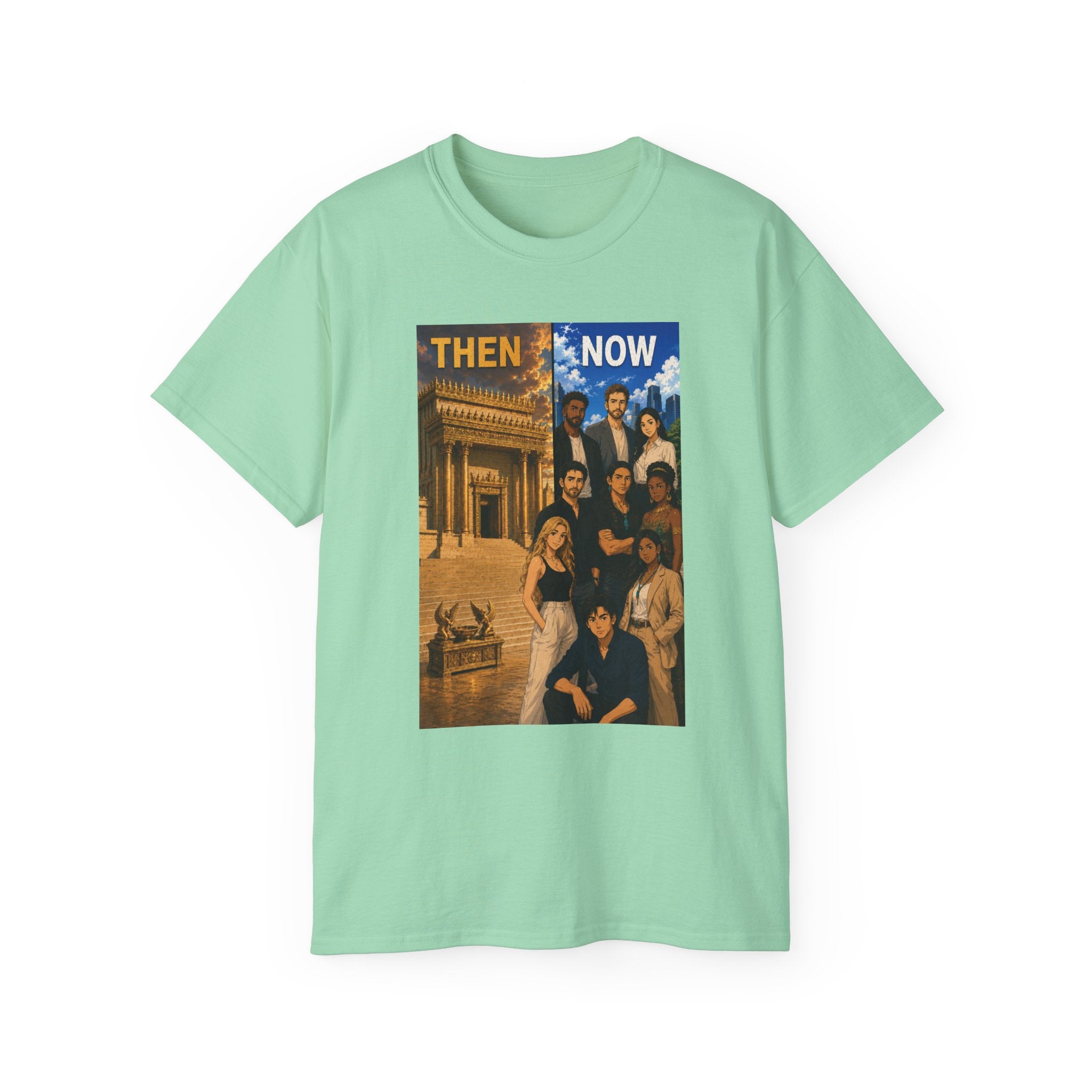 Then & Now non-animated Christian Graphic Tee — 2 Corinthians 6:16 Bible Verse Shirt