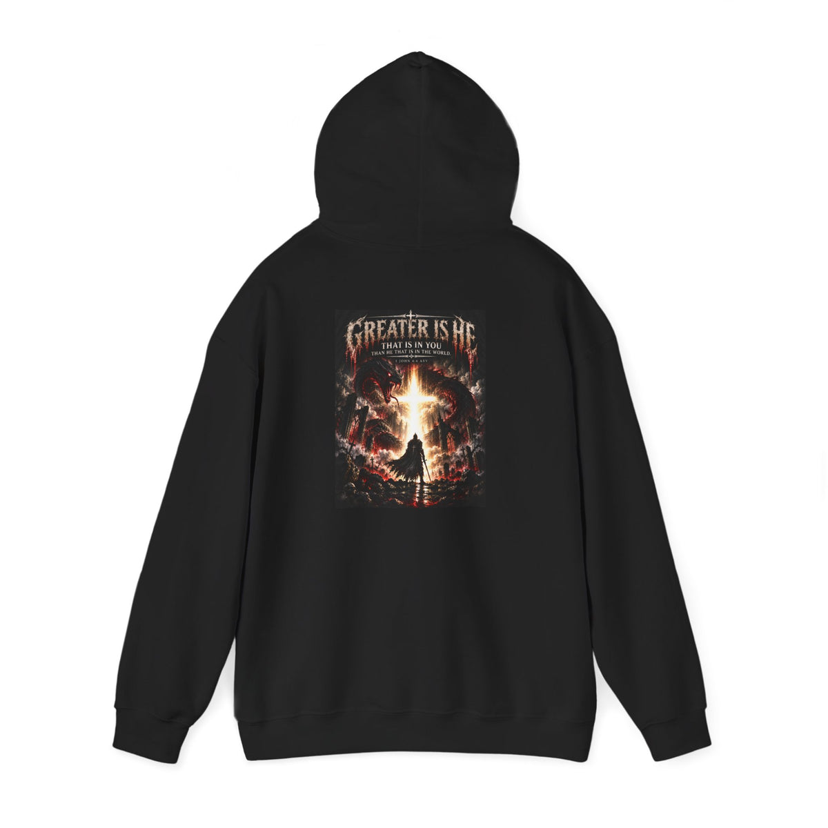 “Greater Is He” Holiday October Edition Christian Hoodie with Flame Cross Design