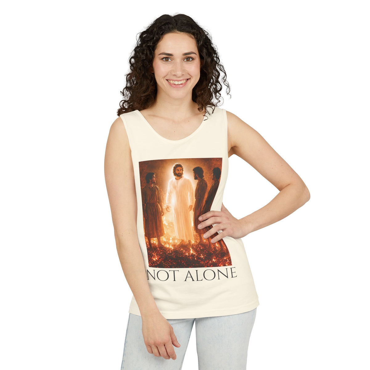 'Not Alone' Tank Top — Jesus with Four Men, Daniel 3:25 Scripture Tank