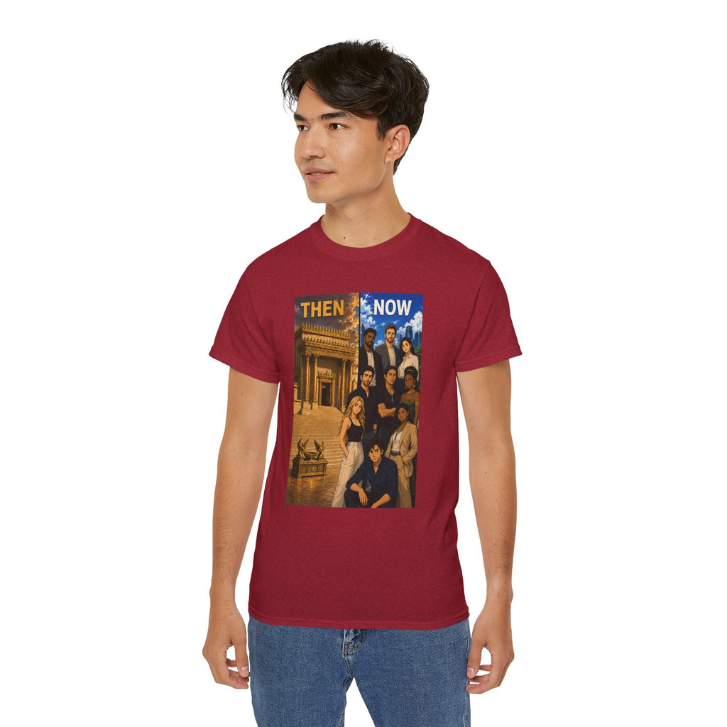 Then & Now non-animated Christian Graphic Tee — 2 Corinthians 6:16 Bible Verse Shirt