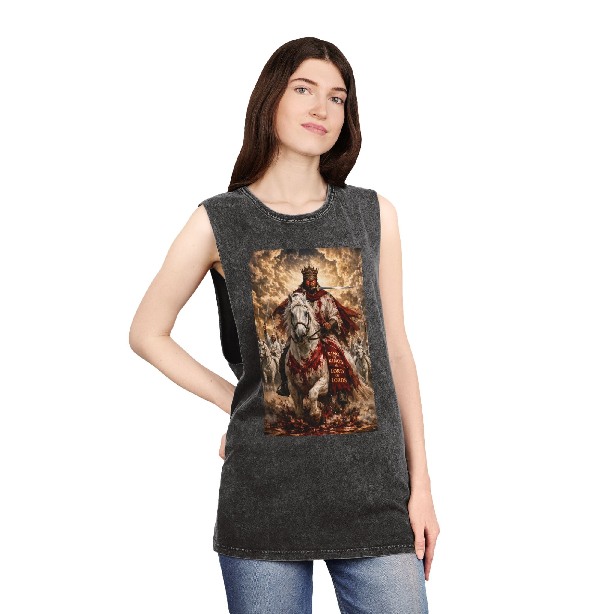 Jesus Is Lord Tank Top — King on White Horse Religious Stonewash Muscle Tee