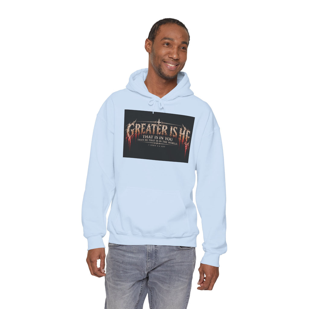 “Greater Is He” Holiday October Edition Christian Hoodie with Flame Cross Design