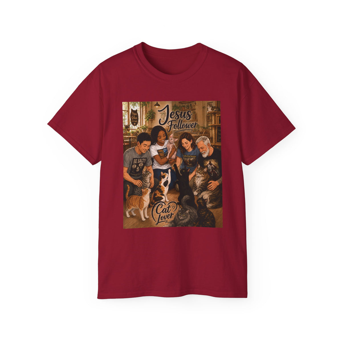 Jesus Follower Cat Lover T-Shirt — Proverbs 12:10 cat cafe Faith Tee