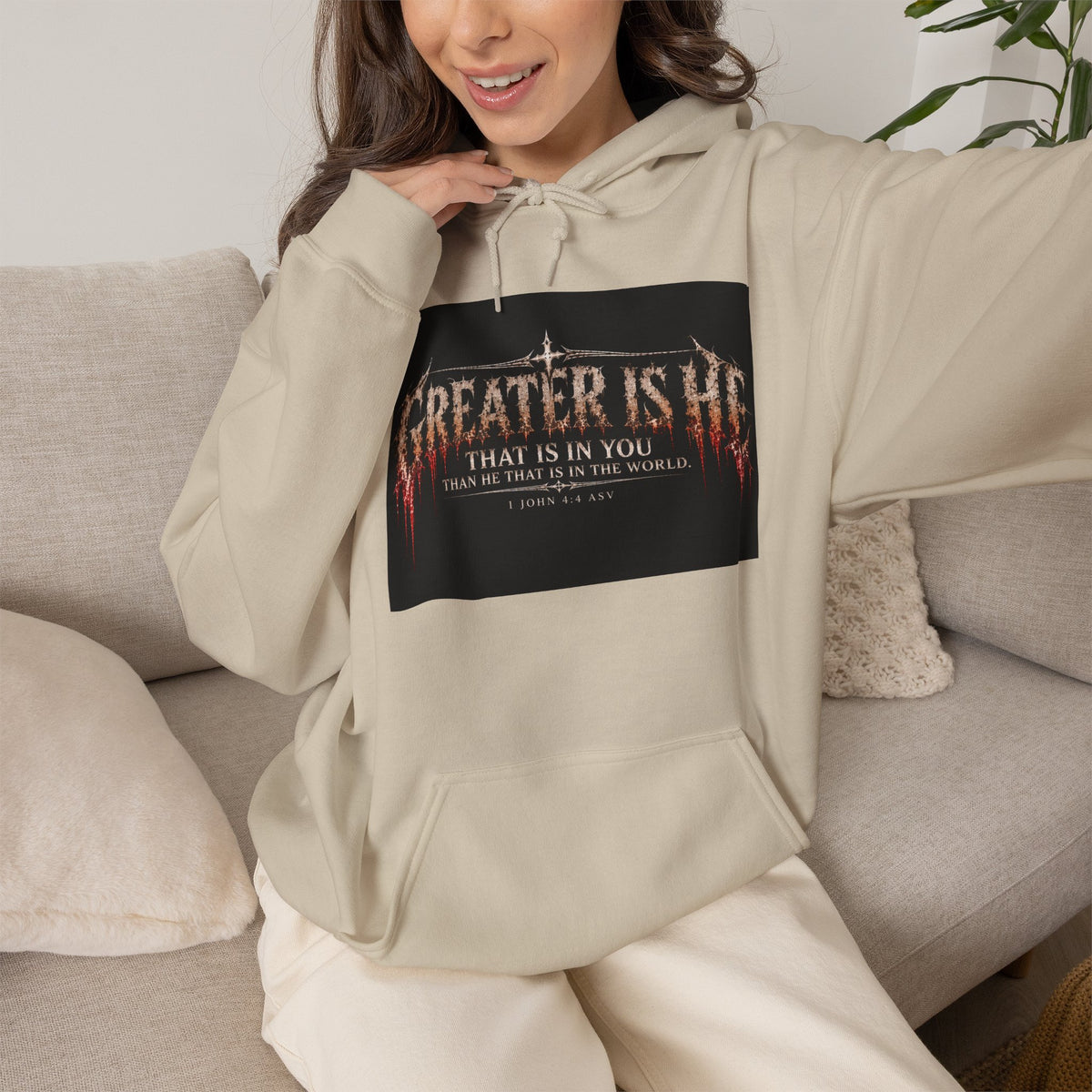 “Greater Is He” Holiday October Edition Christian Hoodie with Flame Cross Design