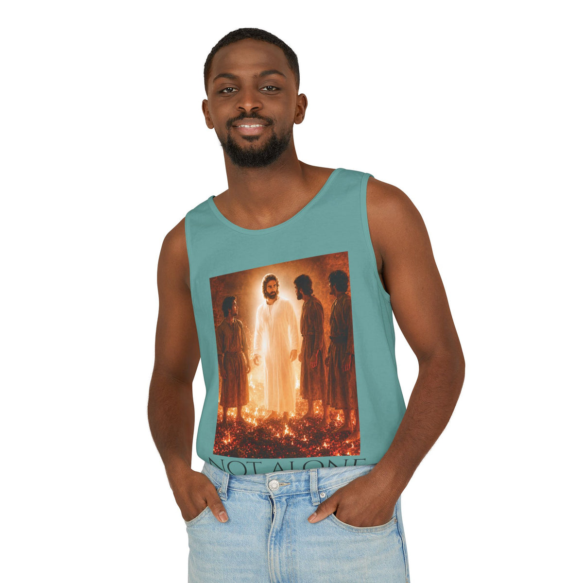 'Not Alone' Tank Top — Jesus with Four Men, Daniel 3:25 Scripture Tank