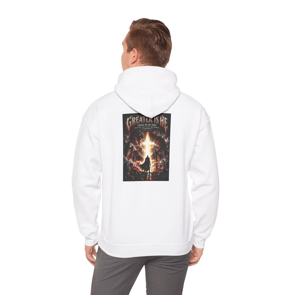 “Greater Is He” Holiday October Edition Christian Hoodie with Flame Cross Design