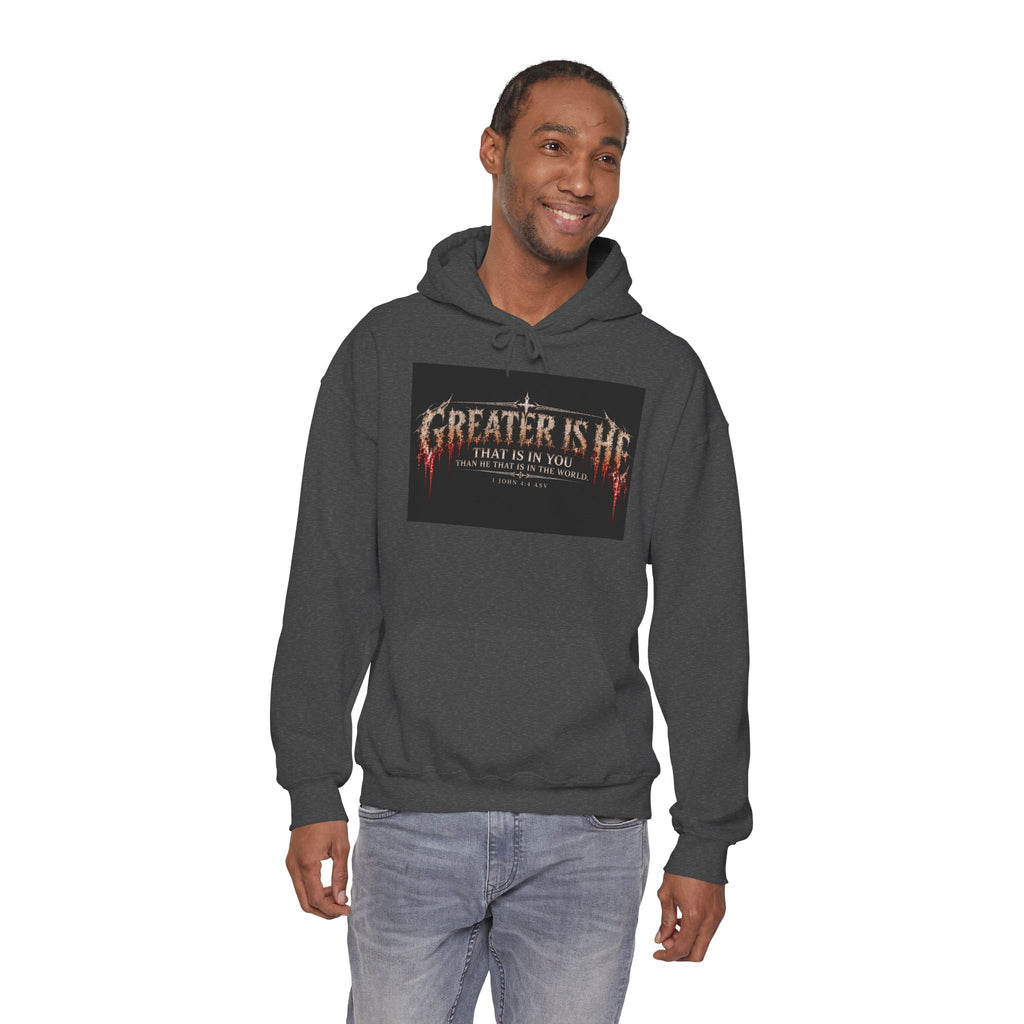 “Greater Is He” Holiday October Edition Christian Hoodie with Flame Cross Design