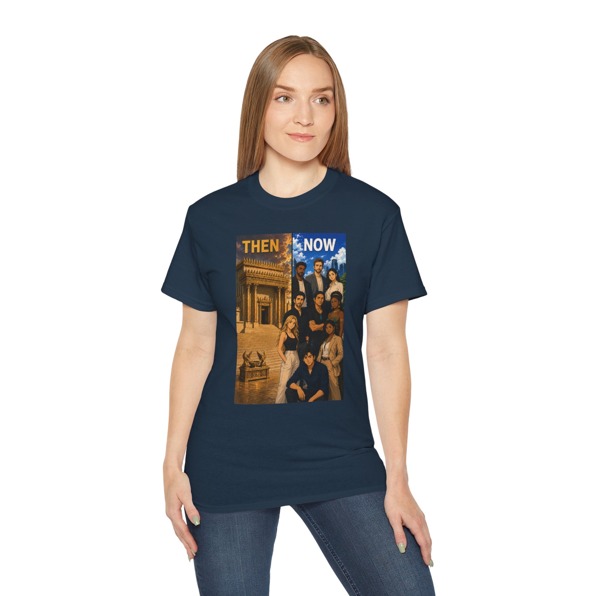 Then & Now non-animated Christian Graphic Tee — 2 Corinthians 6:16 Bible Verse Shirt