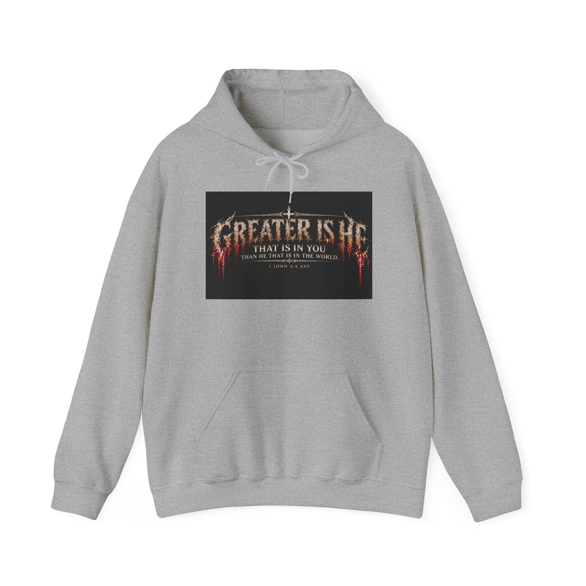 “Greater Is He” Holiday October Edition Christian Hoodie with Flame Cross Design