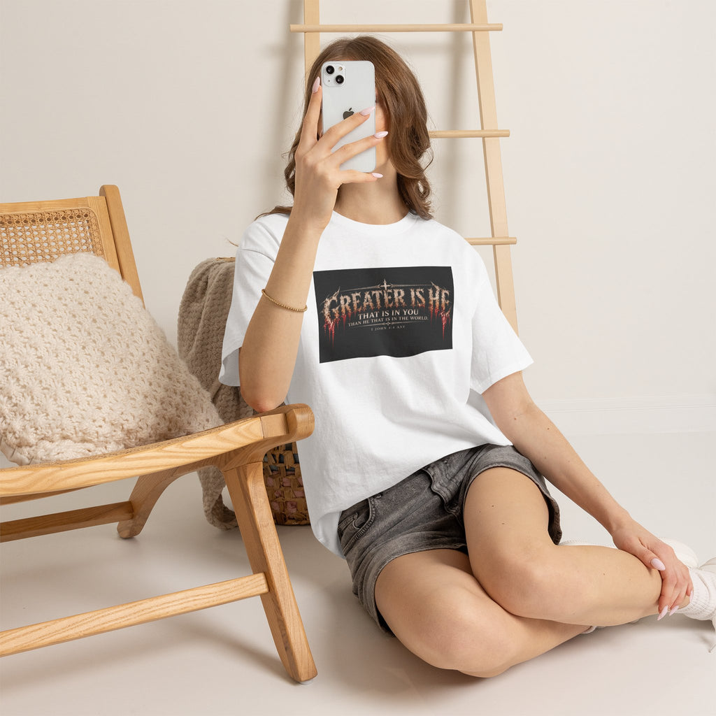 "Greater Is He" October Holliday line Edition Cross Faith Christian Graphic Tee - T-Shirt