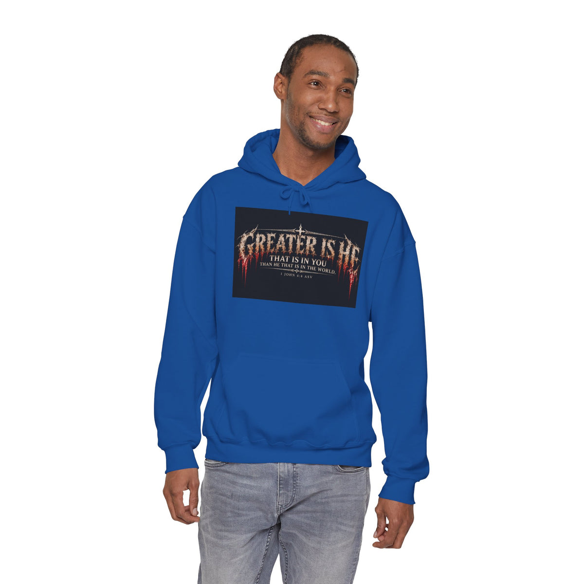 “Greater Is He” Holiday October Edition Christian Hoodie with Flame Cross Design