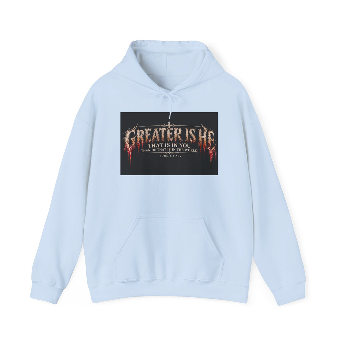 “Greater Is He” Holiday October Edition Christian Hoodie with Flame Cross Design