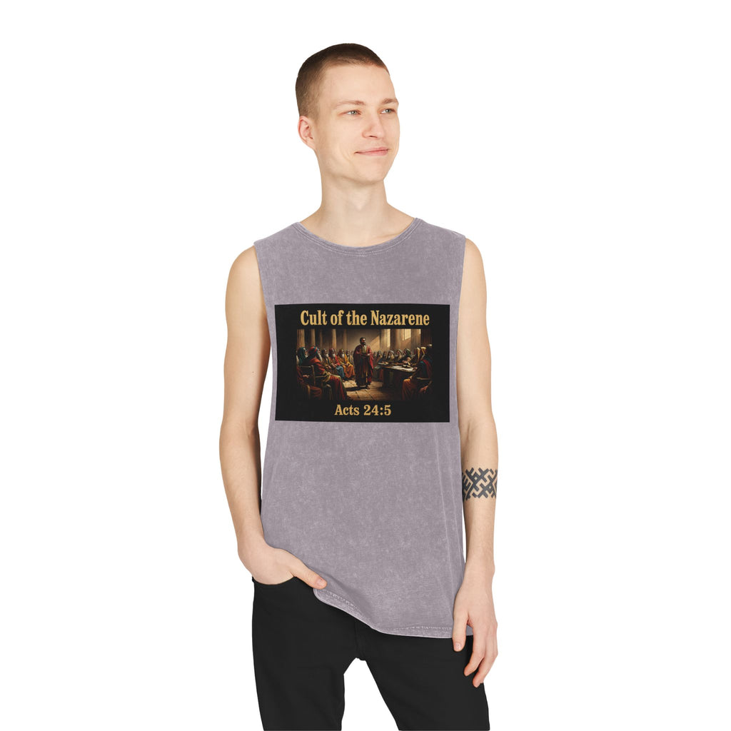 Cult of the Nazarene Tank Top – Vintage Stonewash Christian Scripture (Acts 24:5 / Matthew 5:11)