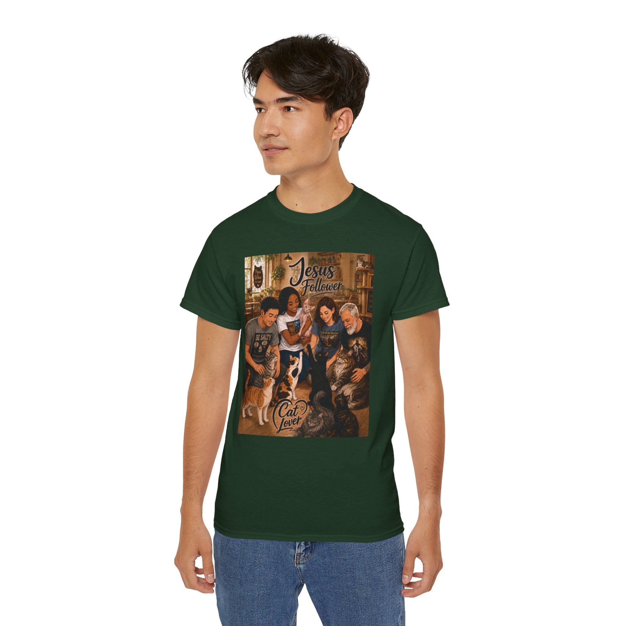 Jesus Follower Cat Lover T-Shirt — Proverbs 12:10 cat cafe Faith Tee
