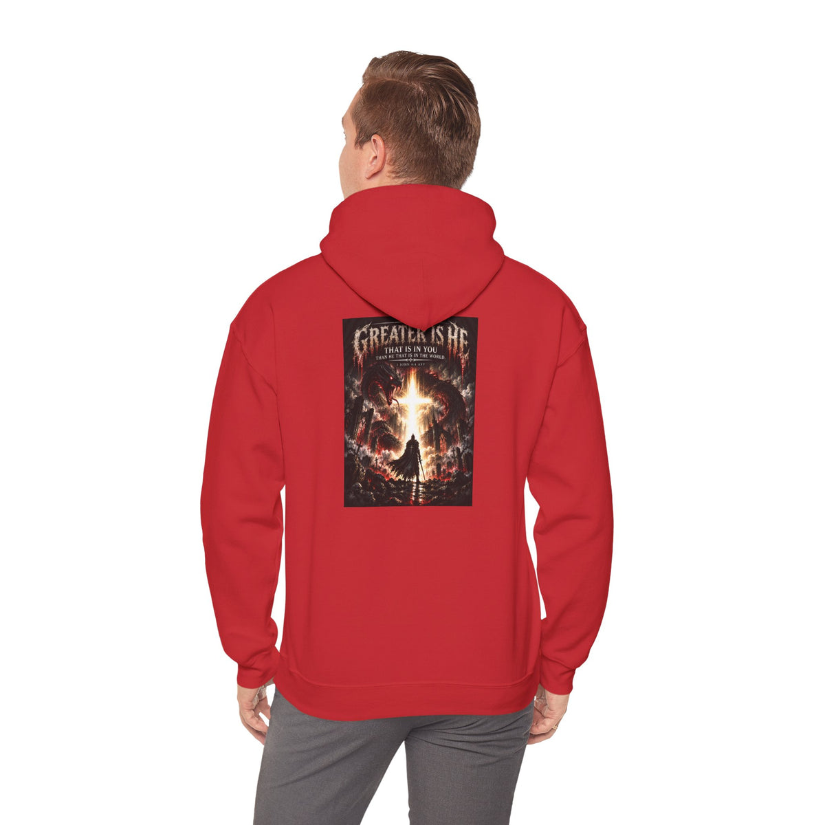 “Greater Is He” Holiday October Edition Christian Hoodie with Flame Cross Design
