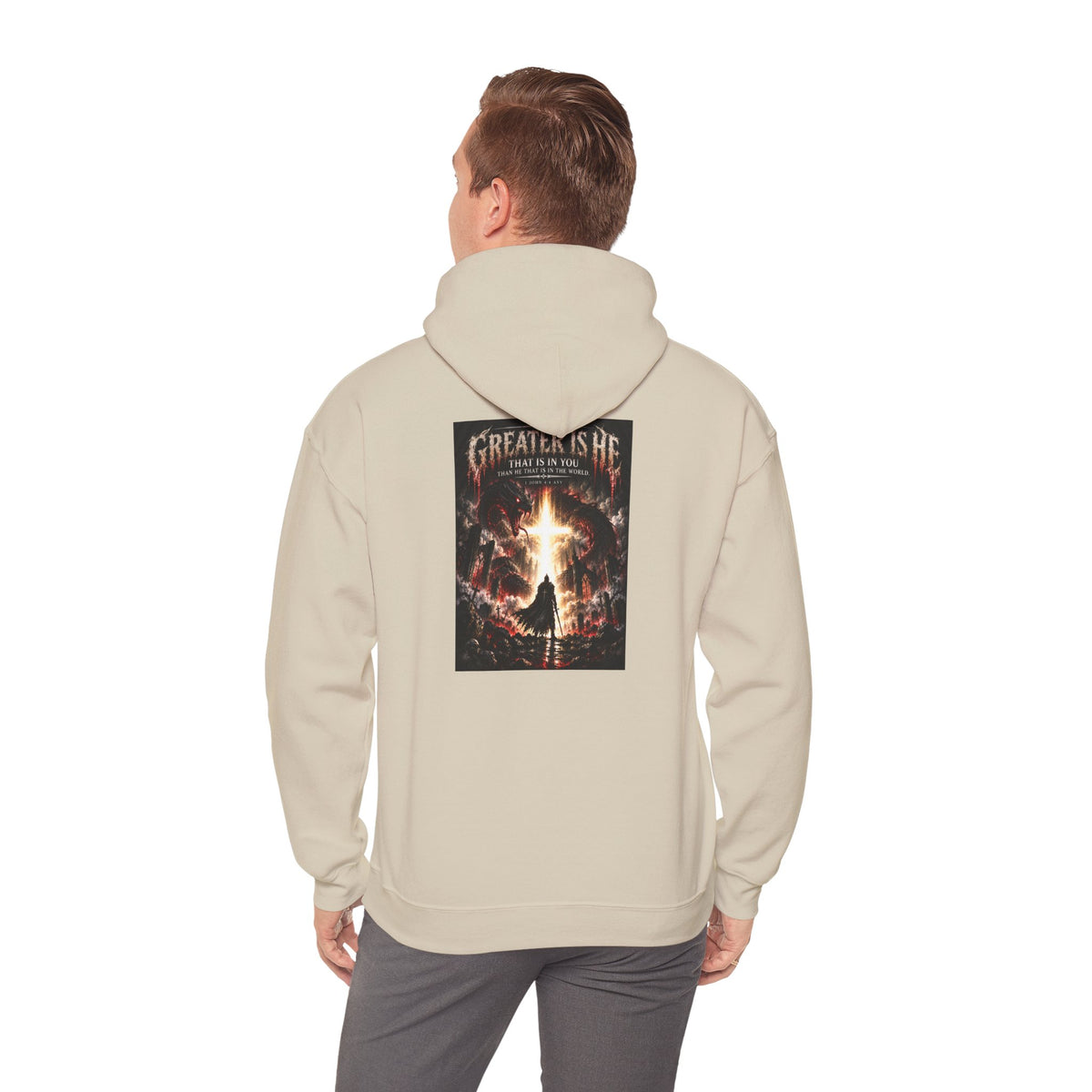 “Greater Is He” Holiday October Edition Christian Hoodie with Flame Cross Design
