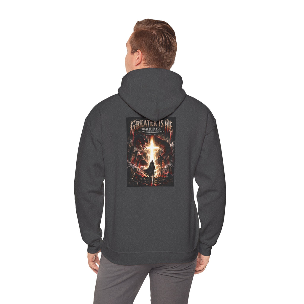 “Greater Is He” Holiday October Edition Christian Hoodie with Flame Cross Design