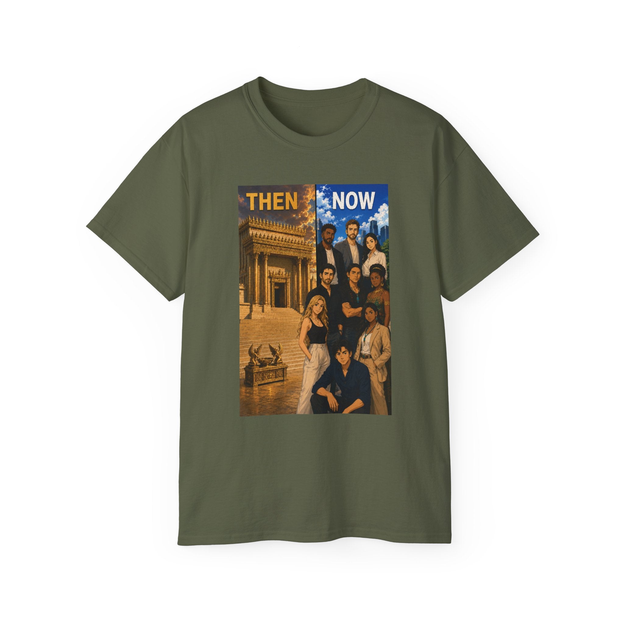 Then & Now non-animated Christian Graphic Tee — 2 Corinthians 6:16 Bible Verse Shirt